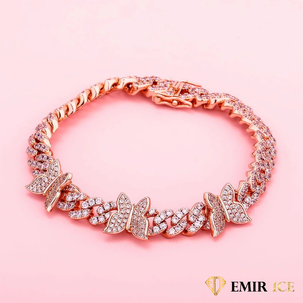 PULSERA DE MUJER DE ORO ROSA CON MARIPOSA DE ESLABONES CUBANOS - 9 MM