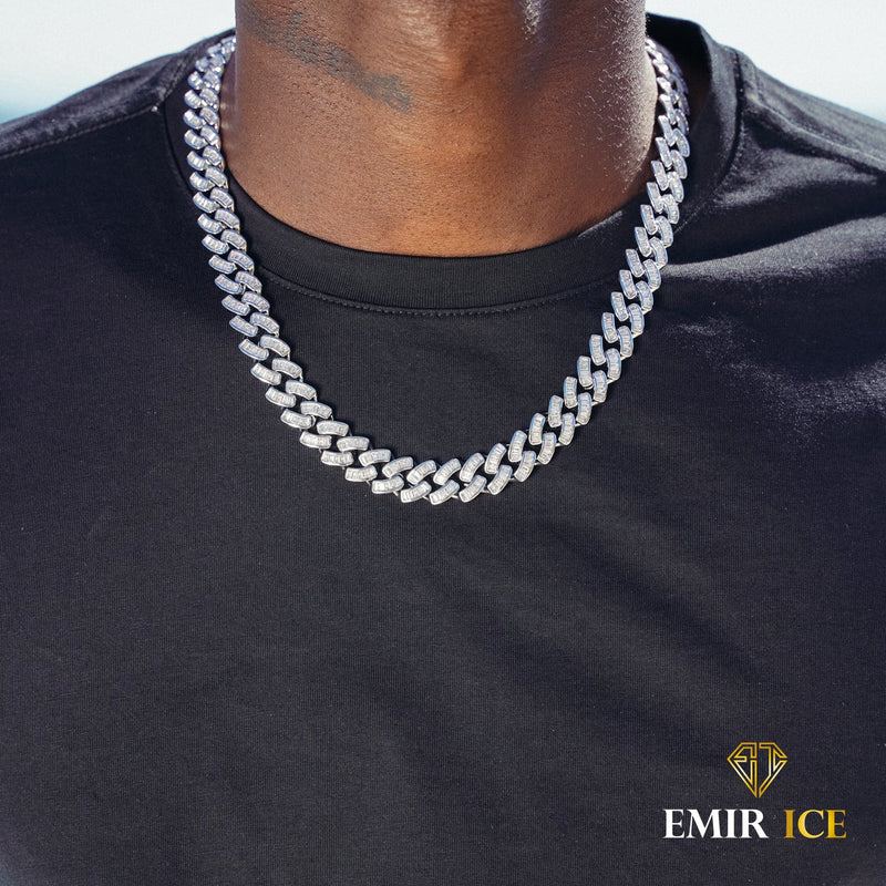 CHAINE CUBAINE DIAMANT BAGUETTE OR BLANC - 12MM Bijouterie Bijoux Diamant Emirice.com