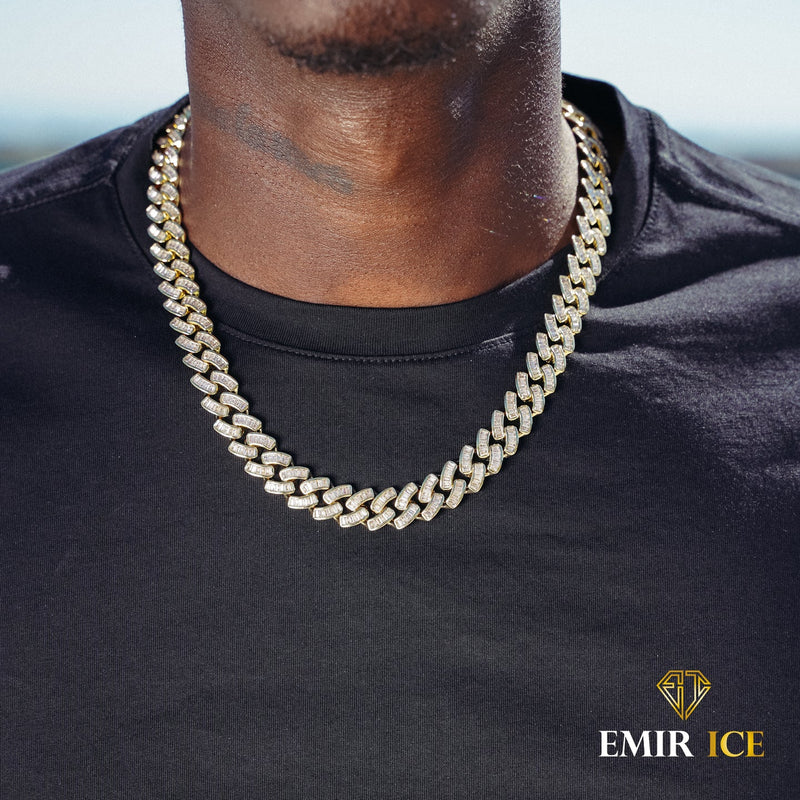 CHAINE CUBAINE DIAMANT BAGUETTE OR JAUNE - 12MM Bijouterie Bijoux Diamant Emirice.com