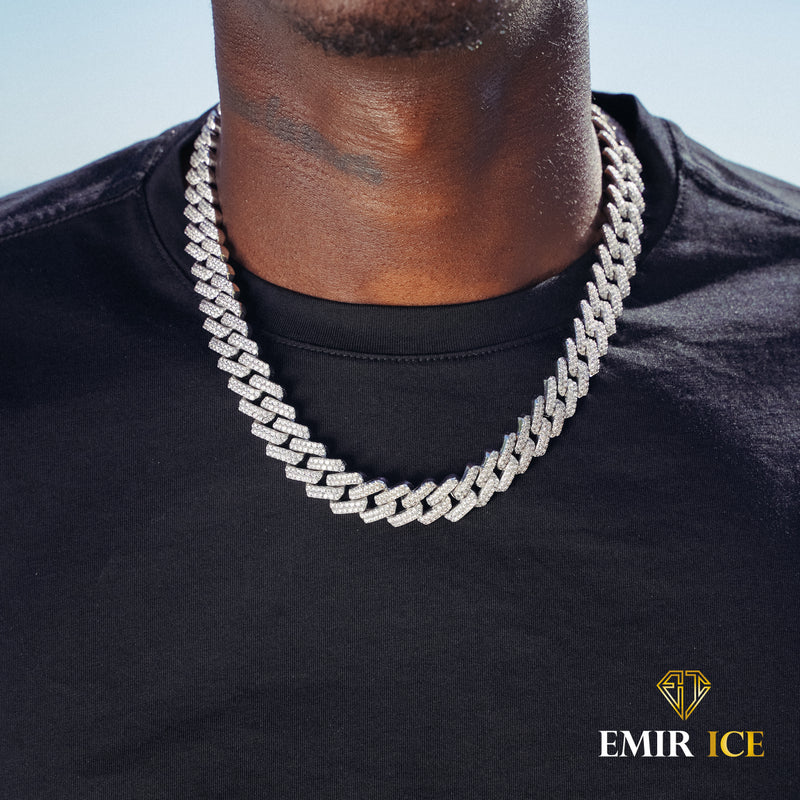 CHAINE PRONG CUBAN LINK DIAMANT OR BLANC - 14MM - Emirice.com