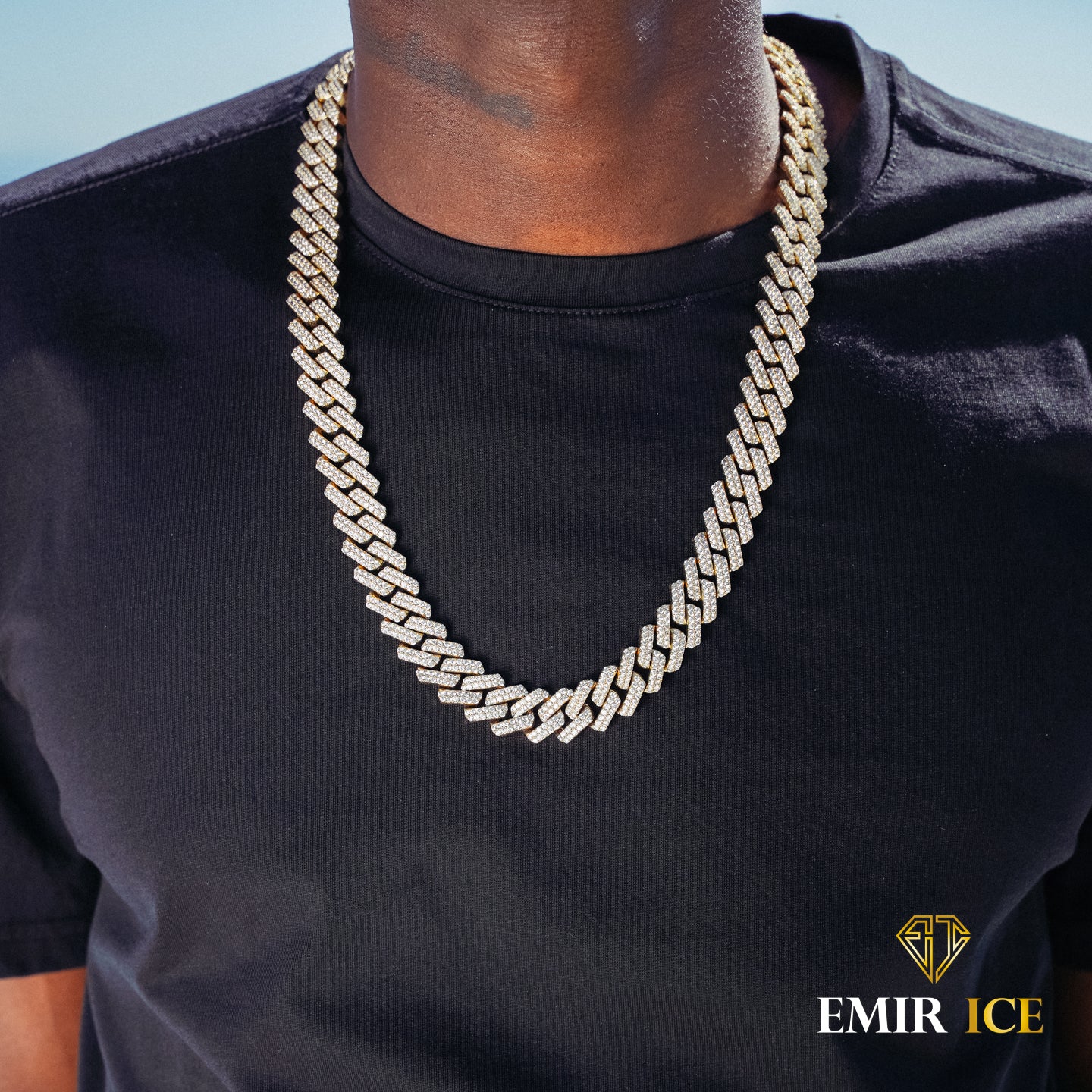 14MM Yellow Gold Plated Diamond Cuban Link Prong Chain Emir ICE