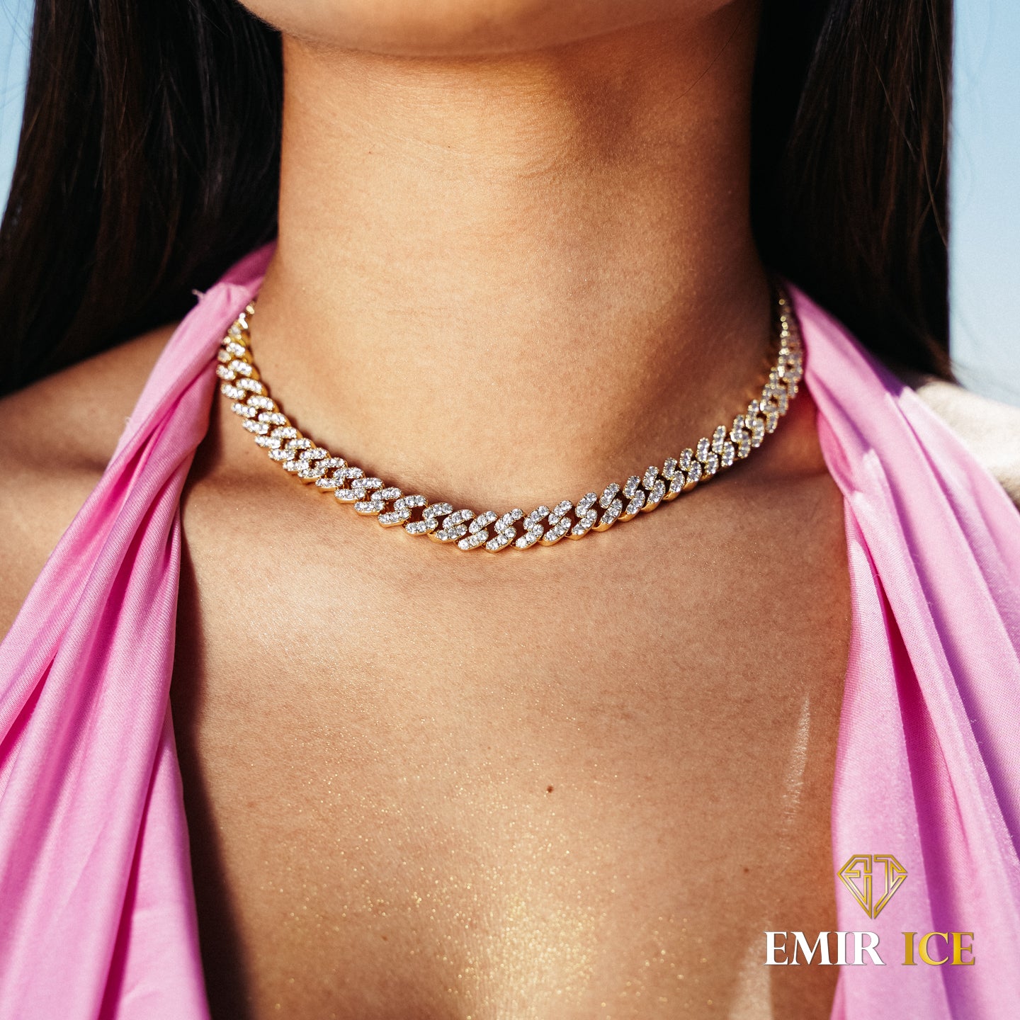 DIAMOND CUBAN MESH NECKLACE FOR WOMEN YELLOW GOLD - 9MM