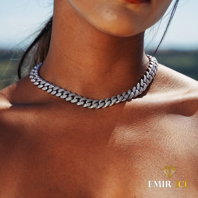 COLLIER CUBAIN DIAMANT FEMME OR BLANC - 12MM - Emirice.com