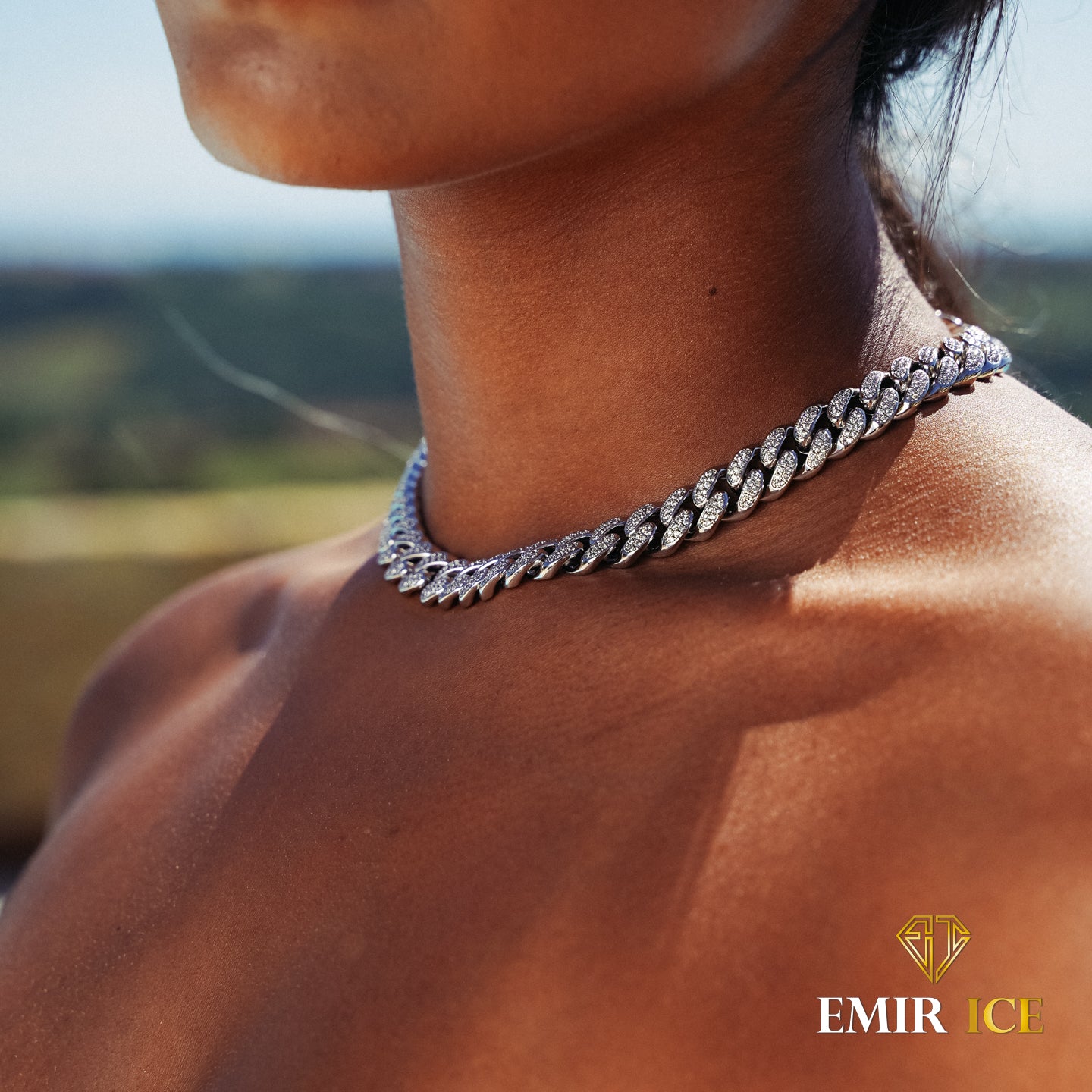 Chaine cubaine diamant plaqué or femme 12mm Emir ICE