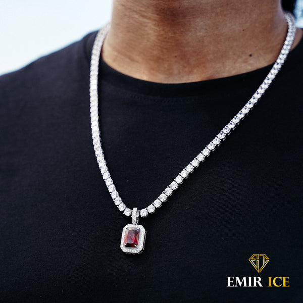 Men's White Gold Plated Ruby Diamond Pendant Necklace Emir ICE
