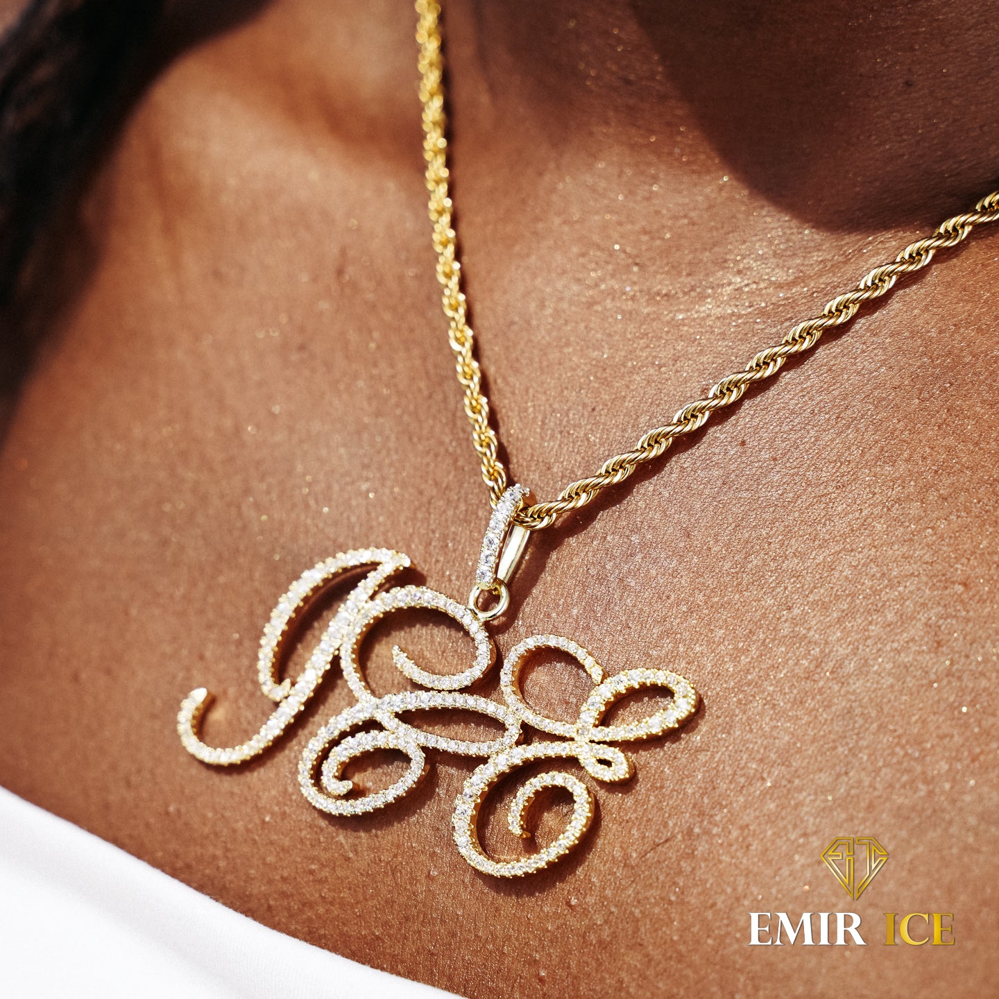 Personalized cursive letter diamond necklace for women in yellow