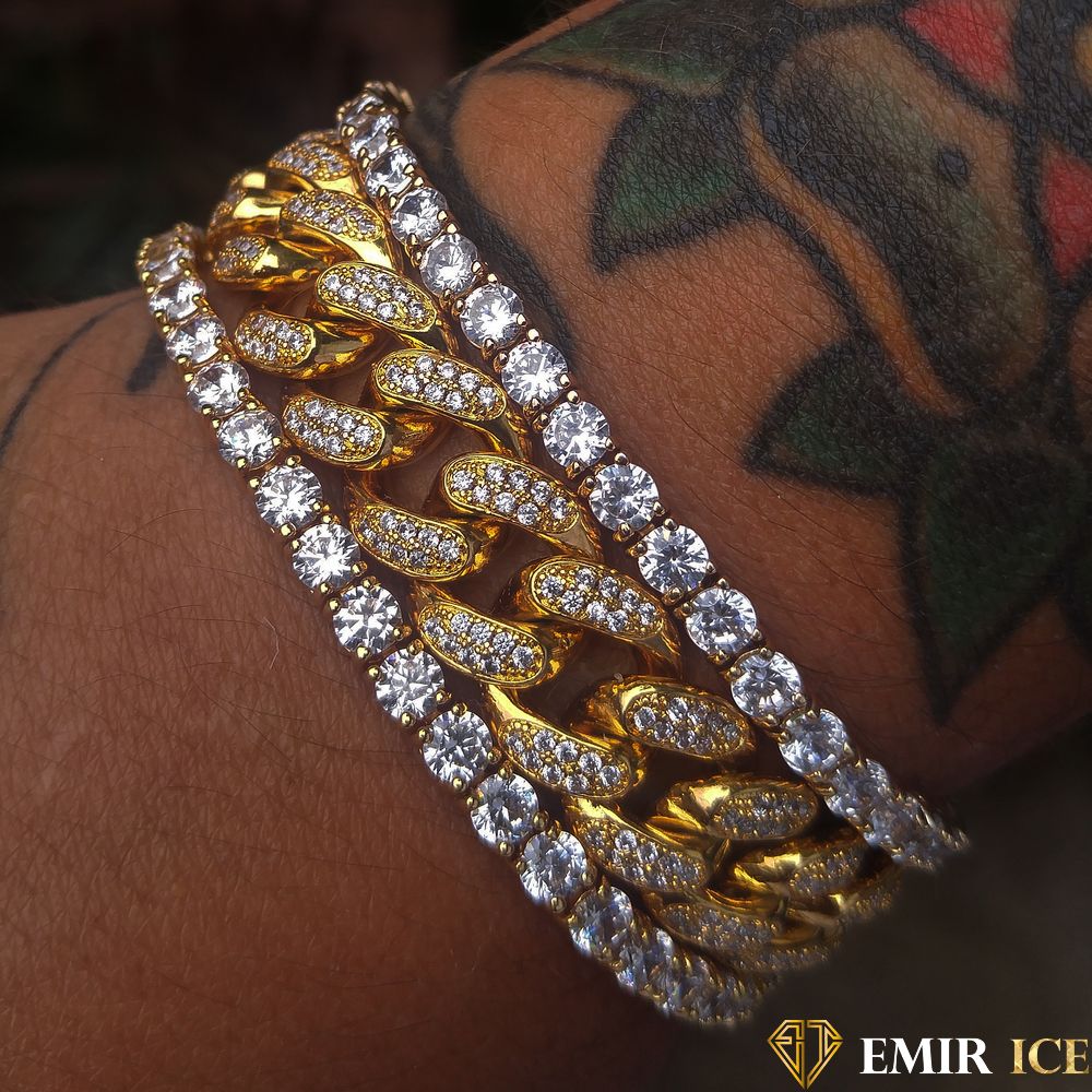 ENSEMBLE DE BRACELET CUBAN LINK & TENNIS OR JAUNE - LOT DE 3 - Emirice.com