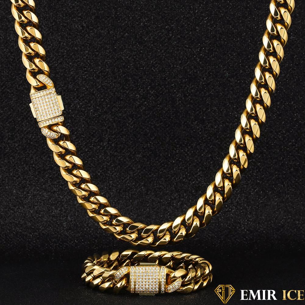 SET DE COLLIER ET BRACELET EMIR CUBAN LINK OR JAUNE - 12MM - Emirice.com
