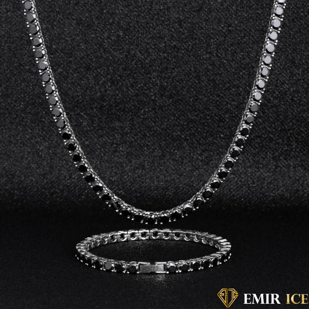 SET DE COLLIER ET BRACELET TENNIS OR BLANC PIERRE NOIRE - 5MM - Emirice.com