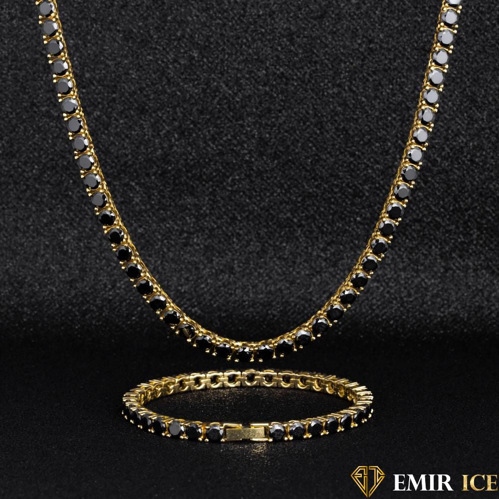SET DE COLLIER ET BRACELET TENNIS OR JAUNE PIERRE NOIRE - 5MM - Emirice.com